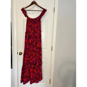 Abel The Label Anthropologie Floral Maxi Dress Womens M Pink Orange Smocked Boho
